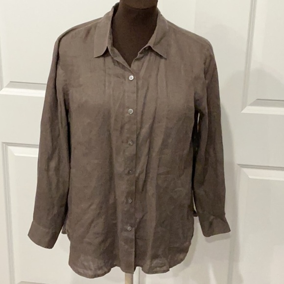 J.Jill Petite Beachy Lagenlook Olive Button-Down 100% Linen Shirt Top Size SP - Picture 1 of 11